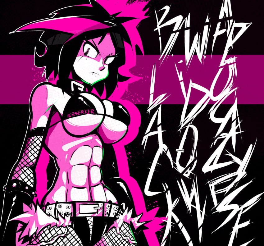 1girls abs big_breasts black_bra black_hair blackwidow_apocalypse bra breasts capslockcrush female_only fishnets hourglass_figure izzy_fisher official_art official_artist pink_eyes pink_highlights ripped_shorts shortshorts underboob webcomic webtoon