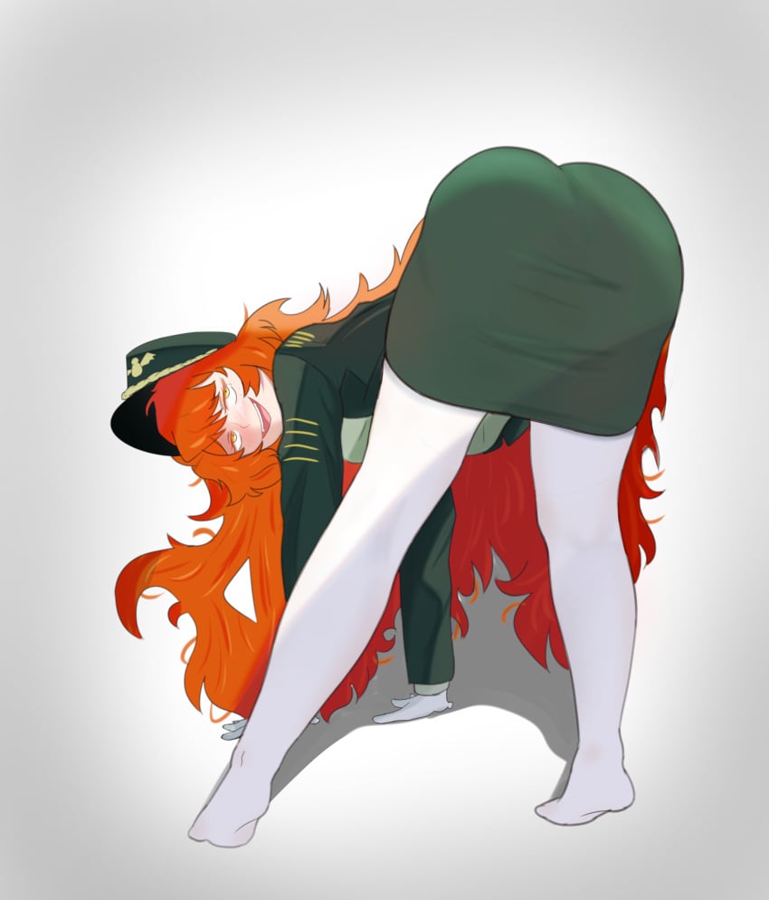 1girls ass ass_focus blush captain_hat clothing female female_focus female_only freckles ginger ginger_hair hat ishmael_(limbus_company) limbus_company long_hair orange_hair project_moon very_long_hair vivian_james yellow_eyes