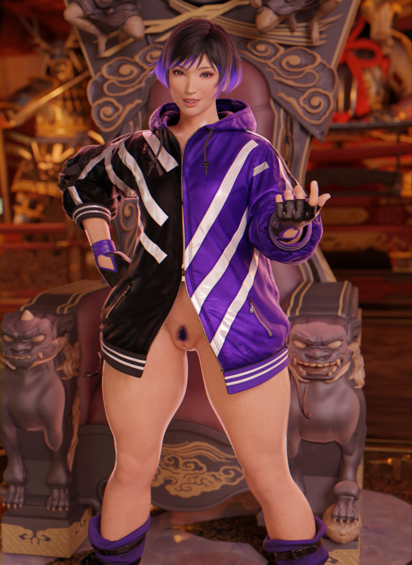 3d athletic athletic_female black_hair boots bottomless casual female female_focus female_only fingerless_gloves hourglass_figure jacket namco pubes pubic_hair purple_hair pussy reina_mishima short_hair standing tagme tekken tekken_8 tomboy trimmed_pubic_hair two_tone_hair vagina vensaku wide_hips