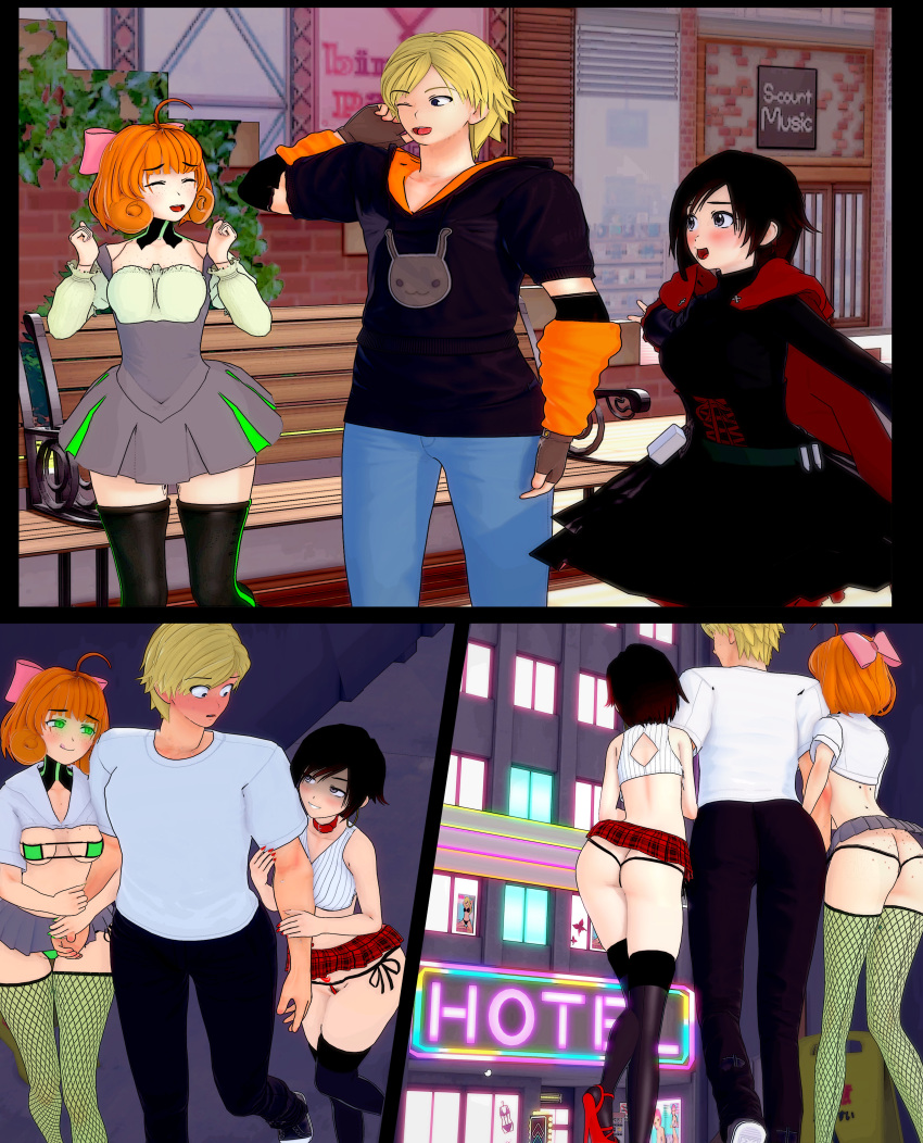 1boy 2girls 3d ass black_hair blonde_hair blonde_hair_male bow dress fatallyobsessed female green_eyes hairbow human jaune_arc koikatsu male microskirt miniskirt multiple_girls orange_hair penny_polendina pink_bow ruby_rose rwby side-tie_panties silver_eyes skirt standing tagme thighhighs