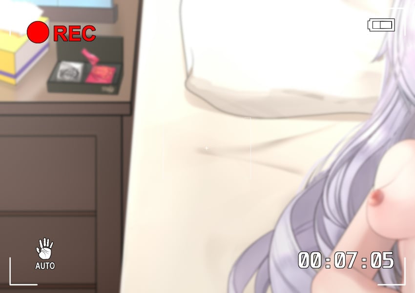 bed blurry blurry_foreground breasts bronya_zaychik bronya_zaychik_(silverwing:_n-ex) cheating completely_nude condom condom_wrapper drill_hair female grey_hair highres honkai_(series) honkai_impact_3rd large_breasts long_hair lying netorare nipples nude on_back pillow pov queen_of_spades table tissue tissue_box twin_drills very_long_hair viewfinder yomigaeru