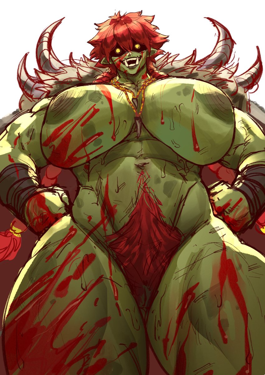 athletic_female big_breasts blood bula_(virgoart1509) female hairy_pussy huge_breasts looking_at_viewer looking_down muscular muscular_female muscular_thighs orc orc_female pubic_hair solo solo_female thick_thighs virgoart1509