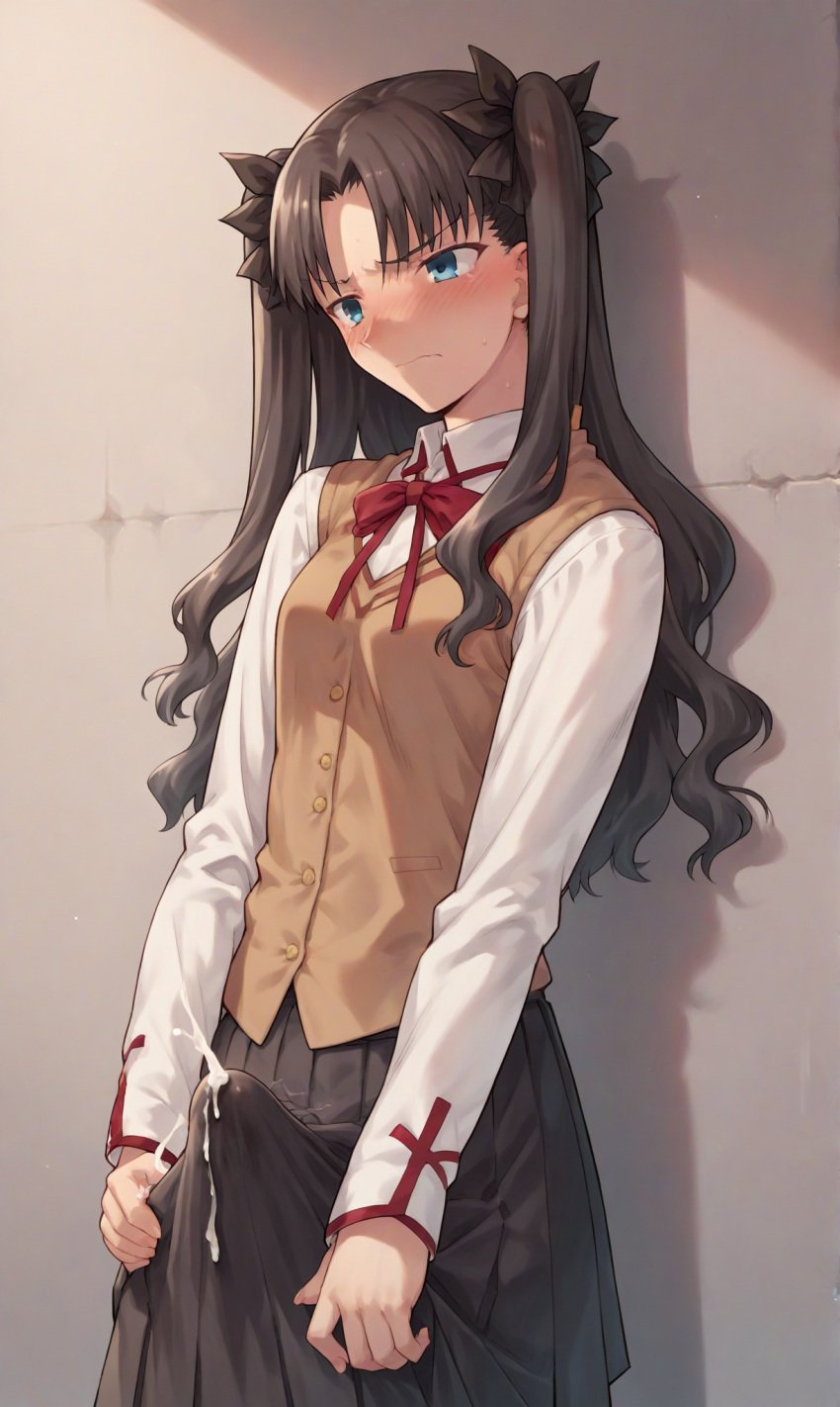 ai_generated black_hair blue_eyes blush bulge_through_clothing cum cum_through_clothes embarrassed erect_penis erection erection_under_clothes fate_(series) futanari homurahara_academy_uniform school_uniform tohsaka_rin