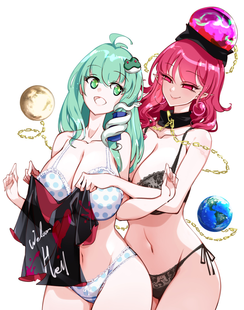 2girls big_breasts breasts green_hair hecatia_lapislazuli huge_breasts kochiya_sanae large_breasts light-skinned_female light_skin lingerie mature_female multiple_girls older_female pointy_ears raptor7 red_hair sanae_kochiya touhou underwear yuri