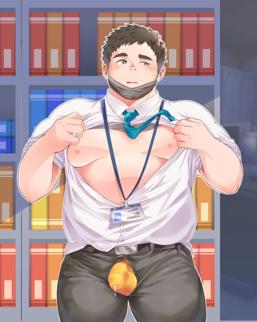 1boy averting_eyes bara bare_pectorals belly bulge collared_shirt covered_penis cowboy_shot fat highres id_card large_pectorals long_sideburns male_focus male_underwear manboobs mature_male necktie nipples office open_fly orange_male_underwear original osu_(osumankokuou) outline pectorals precum precum_through_clothes salaryman shirt shirt_tucked_in short_hair shy sideburns solo standing underwear undressing white_outline white_shirt