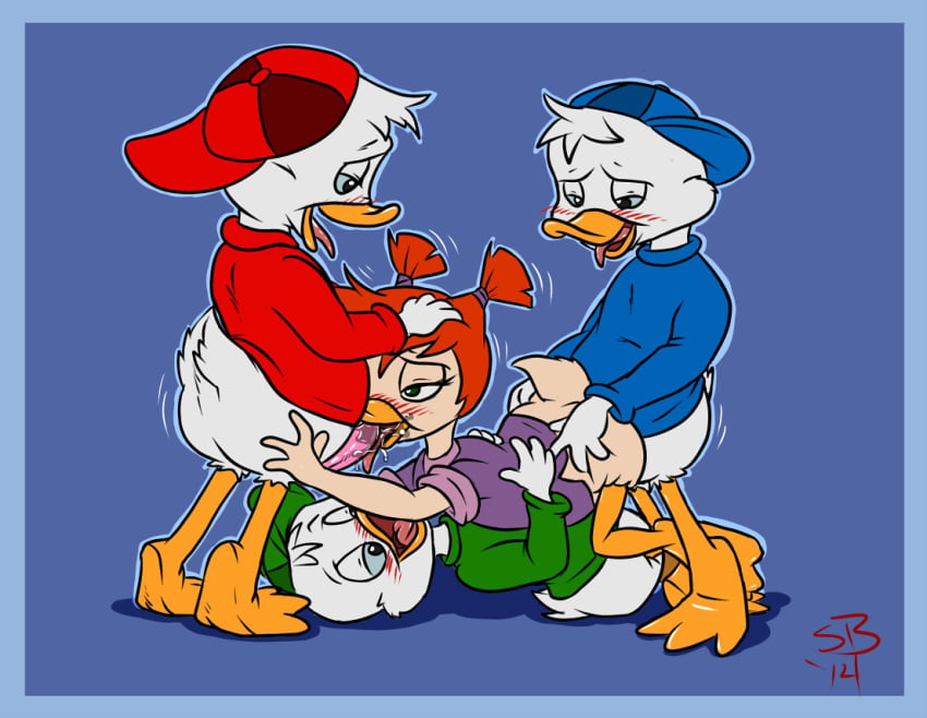 3boys1girl anthro avian blush darkwing_duck dewey_duck disney duck ducktales fellatio furry gosalyn_mallard huey_duck louie_duck sex