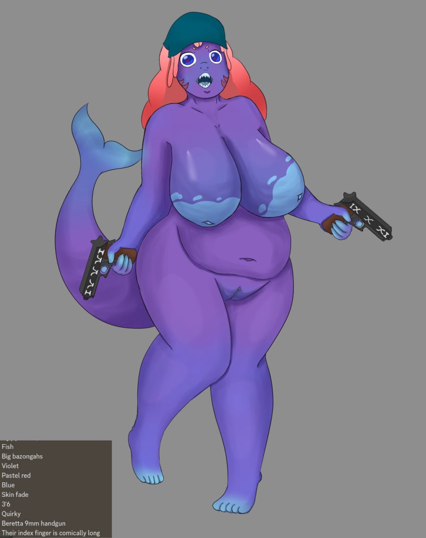 bandana belly big_areola big_breasts blue_eyes blue_tongue chubby_female fish gun ion_clocktower purple_skin red_hair shark_girl shark_tail sharp_teeth wide_hips