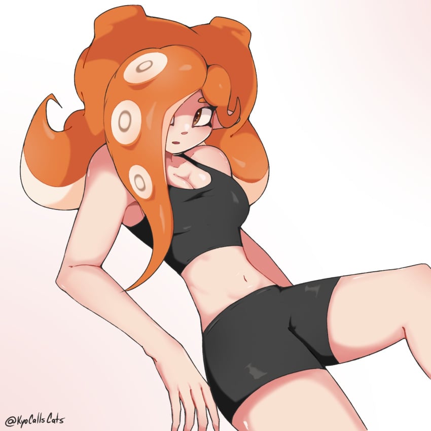 1girls 2d_(artwork) arya_(kyocallscats) clevage digital_drawing_(artwork) digital_media_(artwork) female female_focus female_only hair_over_one_eye kyocallscats laying_down laying_on_back looking_away navel octoling octoling_girl octoling_rival orange_hair splatoon splatoon_3 sports_bra sports_shorts sportswear tentacle tentacle_hair twitter_username watermark white_background