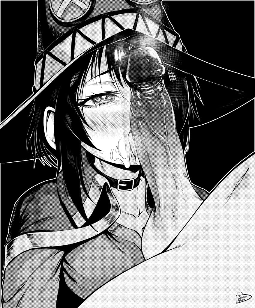 1boy absurdres blush cape choker clothed_female_nude_male cum english_commentary erection facial fellatio female greyscale hat high_contrast highres kono_subarashii_sekai_ni_shukufuku_wo! large_penis licking licking_penis megumin monochrome nose_blush nude oral outline penis penis_awe penis_on_face penis_over_one_eye pov short_hair solo_focus speedl00ver straight testicles uncensored veins veiny_penis white_outline witch_hat