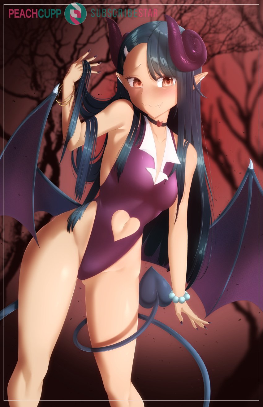 1girls black_hair blush breasts brown_eyes clothed clothing collar costume demon_girl demon_horns demon_tail earrings female_focus female_only hayase_nagatoro hi_res hips long_hair looking_at_viewer navel peachcupp please_don't_bully_me,_nagatoro pose revealing_clothes simple_background small_breasts smile solo succubus tan tanned watermark