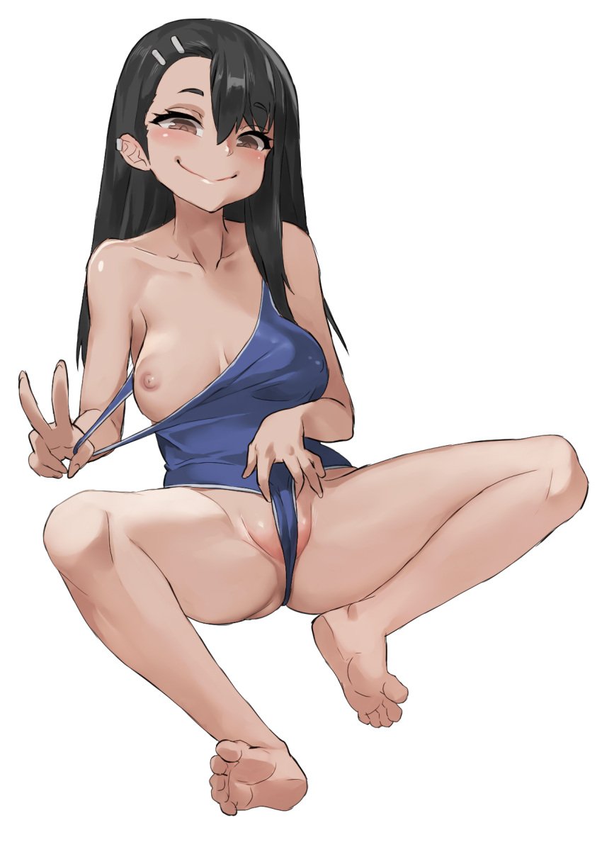 1girls areolae black_hair blush breasts brown_eyes cleavage clothed clothing earrings female_focus female_only gao-lukchup gaolukchup hayase_nagatoro hi_res long_hair looking_at_viewer nipples please_don't_bully_me,_nagatoro pose revealing_clothes simple_background small_breasts smile solo swimsuit tan tanned undressing white_background