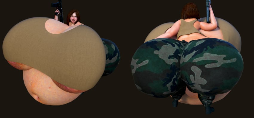 1girls 3d assault_rifle bbw bimbo camo_pants gun holding_gun huge_belly huge_breasts huge_hips jackd22 large_breasts