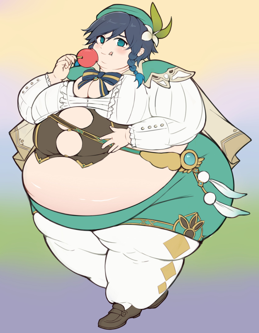 1boy ass belly big_belly black_hair blue_eyes blue_hair blush candy_apple candykitten11 chubby eating_food fat femboy genshin_impact girly hyper male male_only overweight solo twintails venti_(genshin_impact) weight_gain