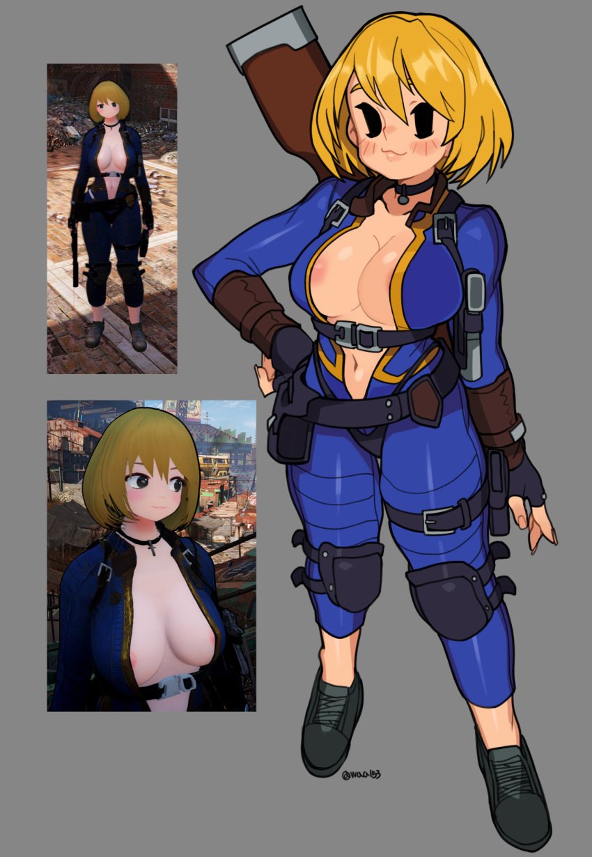 1girls 3d belt belts bethesda_softworks big_breasts black_eyes blonde_hair blush boots breasts eyebrows fallout fallout_4 female female_only fingerless_gloves firearm gloves gun holster human knee_pads light_skin mob_face nipple_slip nipples open_clothes open_eyes rifle simple_background slim_waist smile solo solo_female thong vault_girl vault_suit waa153 waist weapon yellow_eyebrows