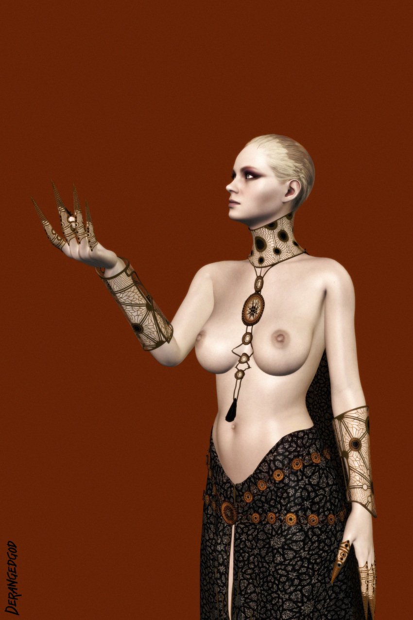 1girls 3d blender blonde_hair bracelet breasts cape collar derangedgod female female_only finger_claws gray_eyes long_nails looking_away makeup mother_miranda_(resident_evil) navel neck necklace necklace_between_breasts nipple_slip pale-skinned_female puffy_nipples render resident_evil resident_evil_8:_village skirt solo standing topless topless_female white_skin xnalara