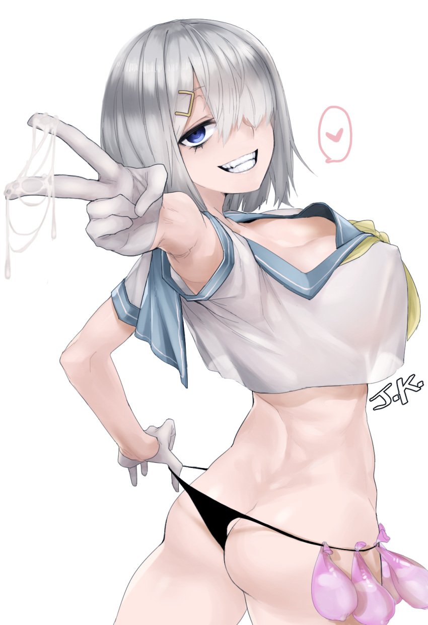 ass ass_cleavage black_panties blue_eyes breasts butt_crack cleavage condom condom_belt covered_nipples crop_top cum cum_on_clothes cum_on_hands empty_eyes female flat_ass gloves grin hair_ornament hair_over_one_eye hairclip hamakaze_(kantai_collection) highres j.k. kantai_collection large_breasts looking_at_viewer looking_back no_bra panties panty_pull sailor_collar see-through short_hair silver_hair smile solo teeth underwear used_condom v wedgie white_background white_gloves