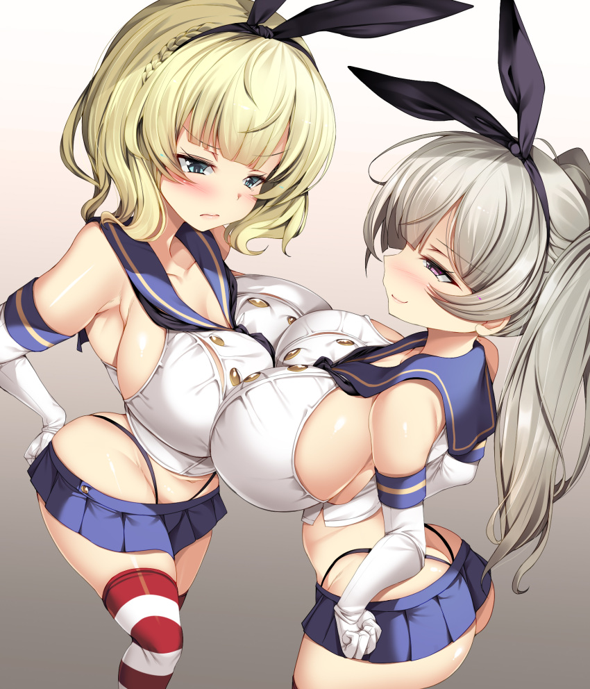 2girls ass_cleavage bangs black_hairband black_neckerchief black_panties blonde_hair blue_skirt blush breast_press breasts brown_eyes butt_crack closed_mouth colorado_(kantai_collection) conte_di_cavour_(kantai_collection) cosplay crop_top elbow_gloves eyebrows_visible_through_hair gloves gradient gradient_background green_eyes grey_background grey_hair groin hairband hands_on_hips highleg highleg_panties highres huge_breasts kantai_collection long_hair looking_at_another microskirt multiple_girls neckerchief panties ponytail red_legwear shimakaze_(kantai_collection) shimakaze_(kantai_collection)_(cosplay) short_hair sideboob skirt smile striped striped_legwear symmetrical_docking thong_above_skirt torisan underwear white_gloves white_legwear