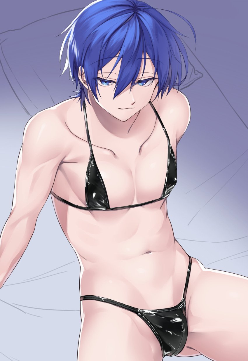 1boy belly_button black_bikini black_thong blue_eyes blue_hair bulge crossdressing femboy gay kaito_(vocaloid) male male_only more_at_source navel nipples nipples_bulge omiyacha sólo solo tagme thong thong_bikini yaoi