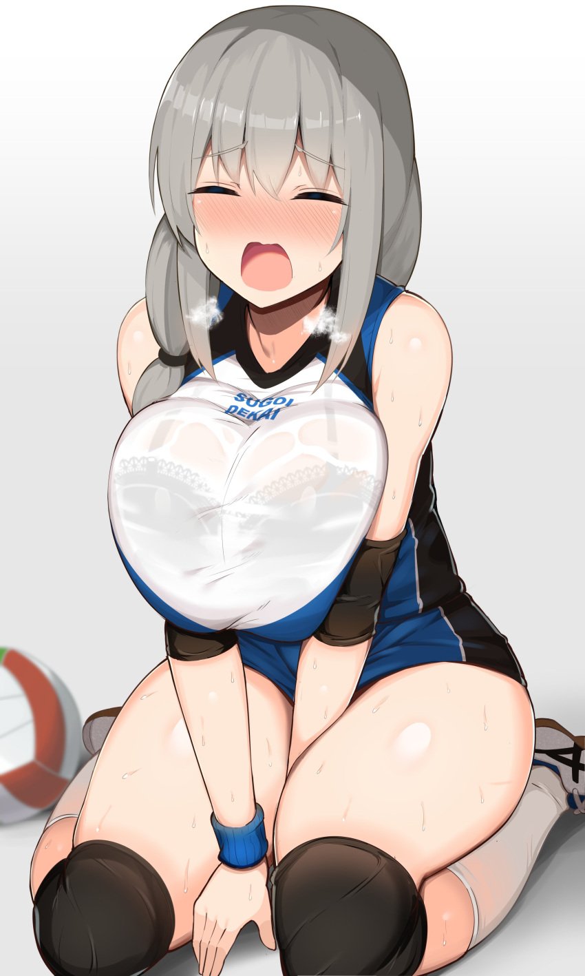 1girls arms_between_legs bare_shoulders blush closed_eyes embarrassed eyebrows_visible_through_hair female female_only grey_hair huge_breasts jakko knee_pads kneeling large_breasts long_hair milf mother open_mouth see-through_clothing side_ponytail simple_background socks steam steamy_breath sugoi_dekai sweat sweatdrop thick_thighs tired uzaki-chan_wa_asobitai! uzaki_tsuki visible_underwear volleyball volleyball_uniform