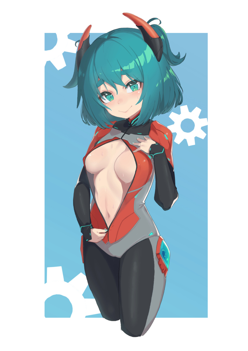 aria_rin blue_eyes blue_hair breasts commission female highres indie_virtual_youtuber mecha_pilot medium_breasts midriff_peek original outuber peeking_out plugsuit short_twintails skeb_commission smile sweatdrop twintails virtual_youtuber zipper_pull_tab