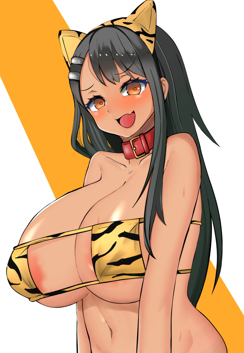 1girls areolae big_breasts black_hair blush breasts brown_eyes cleavage clothed clothing collar earrings female_focus female_only hayase_nagatoro hi_res long_hair looking_at_viewer navel nipples open_mouth please_don't_bully_me,_nagatoro pose revealing_clothes simple_background smile solo tan tanned tf_cafe tiger_ears