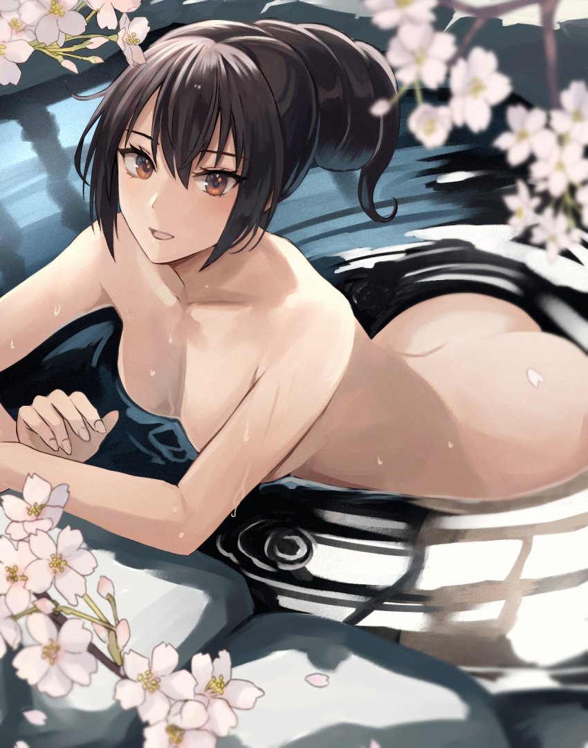 1girls :d ass bathing black_hair branch breasts brown_eyes cherry_blossoms collarbone commentary completely_nude female flower hair_between_eyes hair_up highres kantai_collection kasumi_(skchkko) large_breasts long_hair looking_at_viewer nagato_(kantai_collection) nude partially_submerged petals smile solo wet