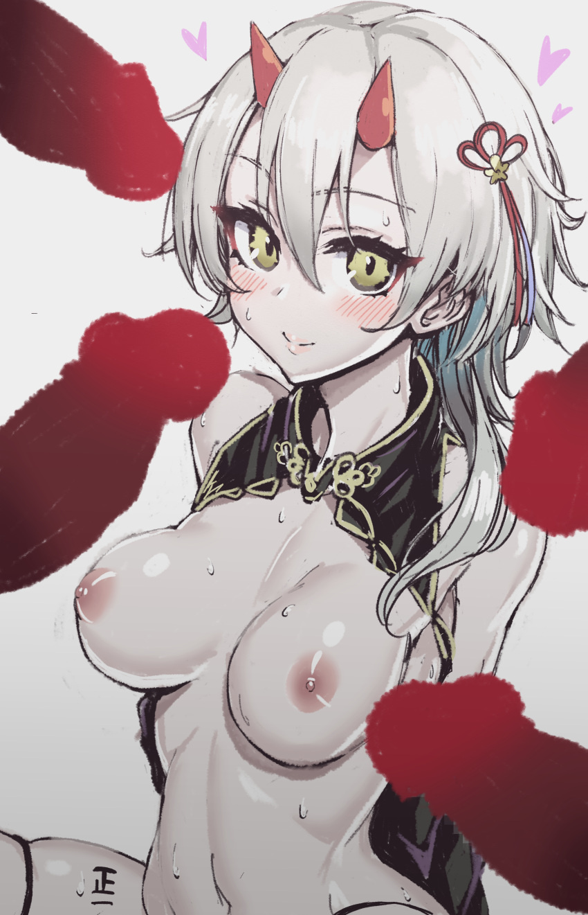 1girls azur_lane breasts female fuchitoro horns kinu_(azur_lane) large_breasts looking_at_viewer nipples nude short_hair solo