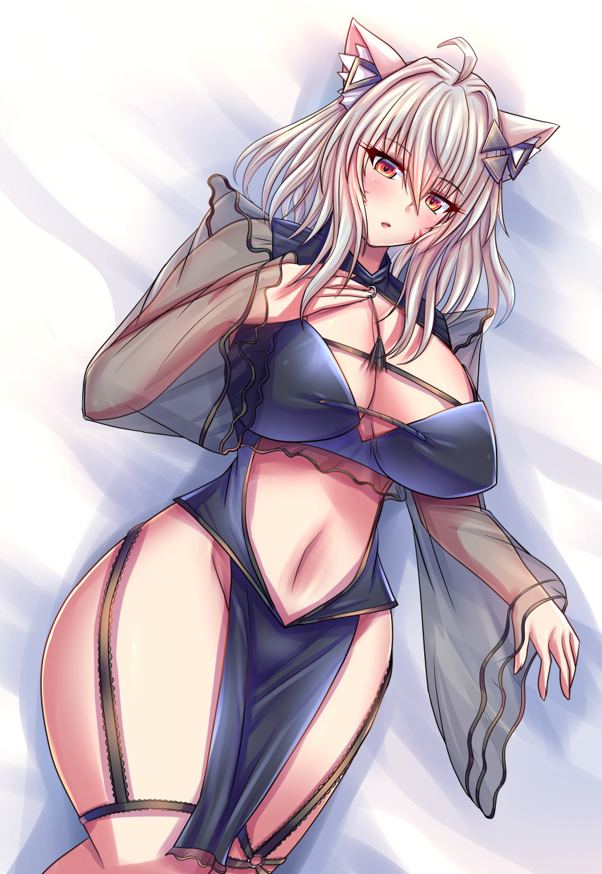 1girl ahoge animal_ear_fluff animal_ears antenna_hair bangs bed_sheet blue_dress blush breasts cat_ears catgirl choker cleavage cowboy_shot criss-cross_halter dress eyebrows_visible_through_hair female_only garter_straps hair_between_eyes hair_intakes hair_ornament large_breasts long_hair long_sleeves looking_at_viewer lying navel on_back parted_lips platinum_blonde_hair red_eyes silver_hair solo squchan_(vtuber) thighs virtual_youtuber volk_(bo-tan) vyugen white_hair