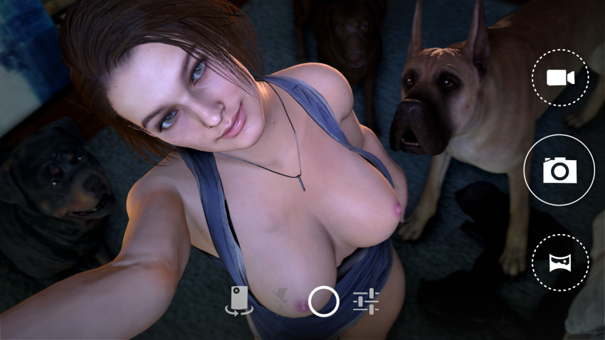 1girls 3d big_breasts blue_eyes breasts breasts_out brown_hair capcom dog female imminent_zoophilia jill_valentine jill_valentine_(sasha_zotova) light-skinned_female nipples nude resident_evil resident_evil_3 resident_evil_3_remake selfie shittyhorsey smiling_at_viewer solo_focus zoophilia