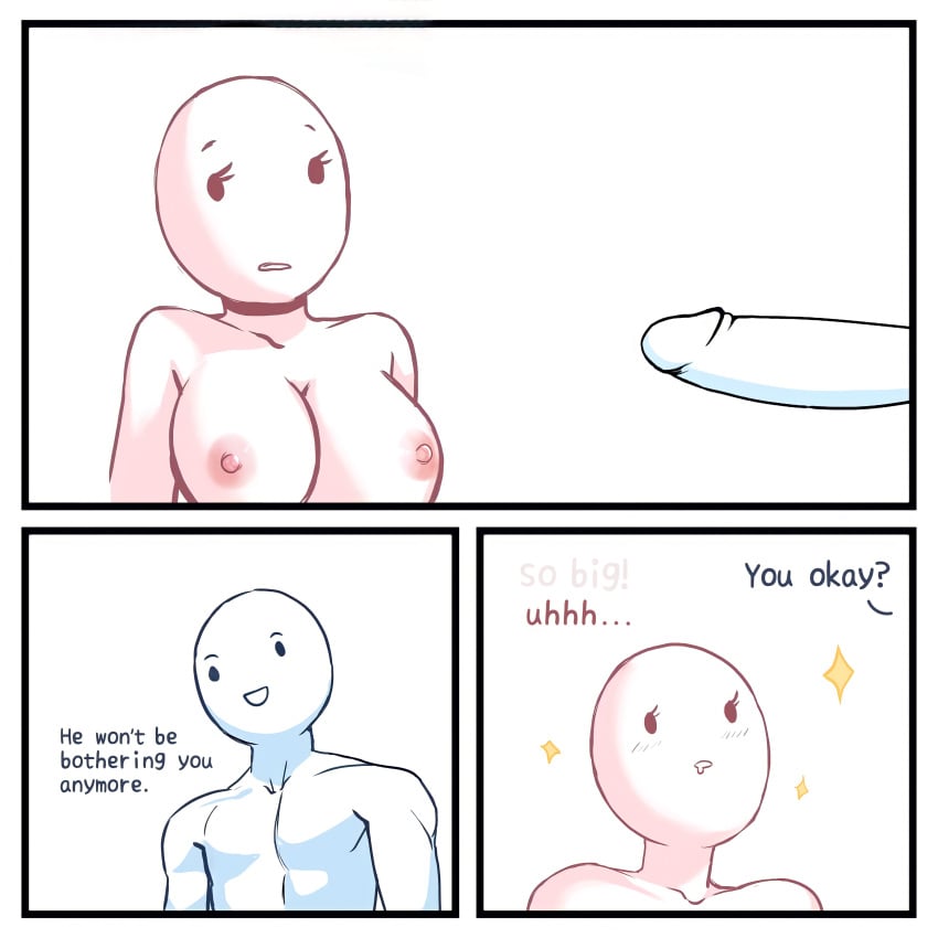 big_breasts big_penis blue_body breasts comic dick drawing female line_art male mob_face nipples pink_body simple_background sparkle telepurte white_background wholesome