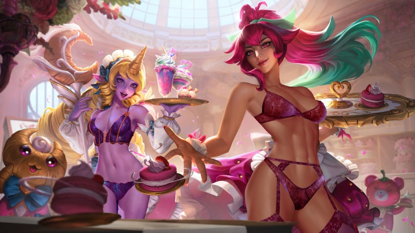 2girls abs absurd_res athletic big_breasts blonde_hair bra breasts cafe cafe_cutie_sivir cafe_cutie_soraka cafe_cuties_series clothed clothed_female female food horn ice_cream large_breasts league_of_legends lingerie maid maid_headdress midriff multiple_girls navel open_mouth panties pointy_ears ponytail pose purple_skin red_hair richtofen sivir soraka staff standing toned toned_female tongue wallpaper weapon wide_hips