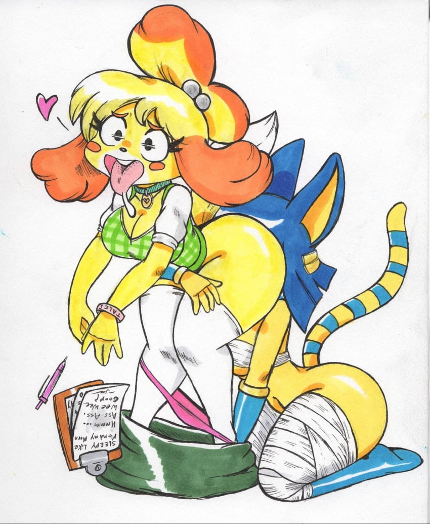 2022 2girls anilingus animal_crossing ankha ankha_(animal_crossing) anthro anthro_on_anthro big_ass big_butt black_eyes black_nose blue_hair bodily_fluids bottomwear bracelet breasts canid canine canis chest_wraps cleavage clipboard clothed clothing dipstick_tail domestic_cat domestic_dog drooling duo eating_ass felid feline felis female female/female female_only fur furry furry_only green_bottomwear green_clothing green_skirt hair heart hi_res implied_anilingus implied_oral isabelle_(animal_crossing) jewelry kneeling leaning leaning_forward leg_wraps legwear mammal markings nintendo open_mouth oral panties panties_down partially_clothed pen pink_clothing pink_panties pink_underwear ring_(marking) ringtail saliva sex shih_tzu shirt simple_background skirt skirt_down standing surprise tail tail_markings text thick_thighs thigh_highs tongue tongue_out topwear toy_dog two_tone_tail underwear underwear_down vaginal_penetration vampiricpig video_games white_background white_body white_clothing white_fur white_legwear white_thigh_highs wraps yellow_body yellow_fur yuri