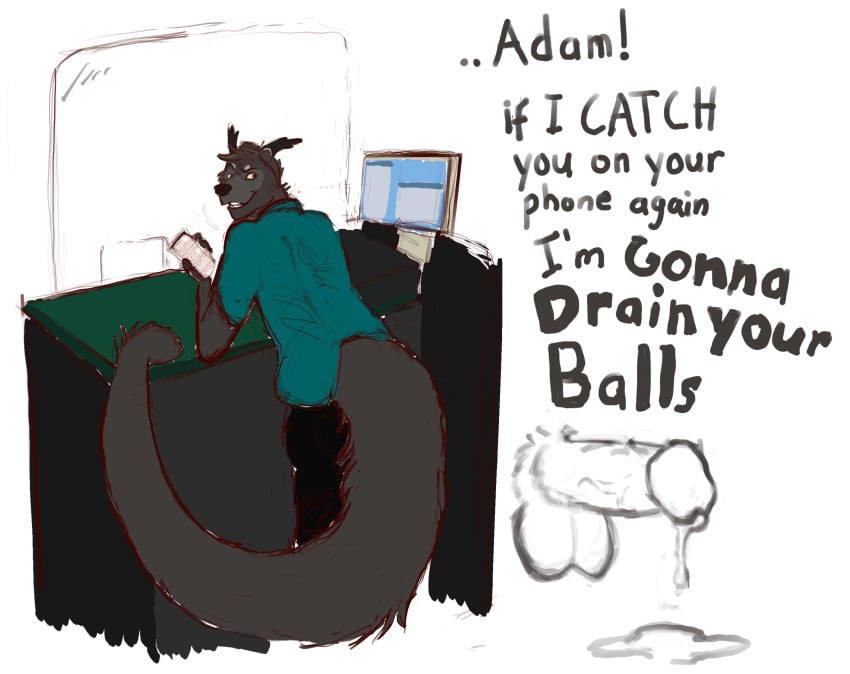 4chan adam_(celticfox) anonymous_artist anthro balls binturong bodily_fluids clothing computer cum cum_drip cum_pool desk dripping ear_tuft english_text erection fur furniture genital_fluids genitals glass grey_body grey_fur hi_res humanoid_genitalia humanoid_penis hunched_over inside leaning leaning_forward leaning_on_object long_tail looking_back male mammal penis phone prehensile_tail shirt simple_background smile solo solo_focus table text threat topwear tuft viverrid white_background