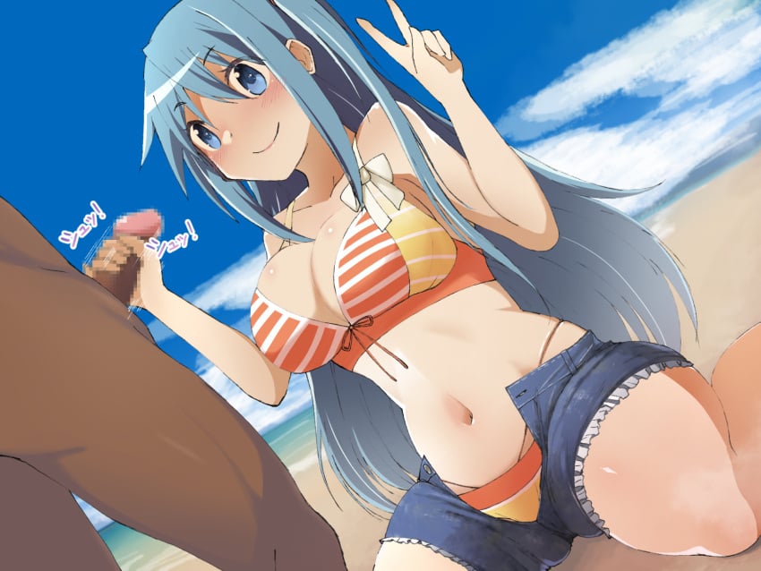 1boy 1boy1girl 1girls 1male aged_up alternate_hairstyle beach bikini blue_eyes blue_hair breasts censored cleavage cloud cloudy_sky curvaceous curvy curvy_body curvy_female curvy_figure dark-skinned_male dark_skin denim denim_shorts female hand_on_penis handjob highres human human_only kneeling light-skinned_female light_skin long_hair magia_record:_mahou_shoujo_madoka_magica_gaiden mahou_shoujo_madoka_magica male masturbation midriff miki_sayaka mosaic_censoring navel ocean official_alternate_costume open_fly outdoors outside puella_magi_madoka_magica sara_(arorasyeimi) short_shorts shorts sitting sky swimsuit unseen_male_face unzipped v wariza white_panties young