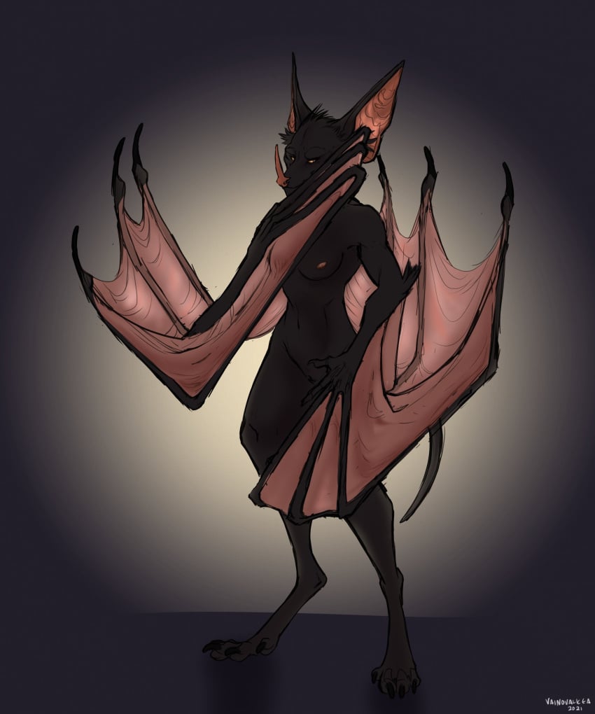 anthro bat_ears bat_nose bat_wings breasts chiropteran claws elbow_tufts elena_(validheretic) female genitals hi_res mammal membrane_(anatomy) membranous_wings microchiropteran navel neck_tuft nipples nude phyllostomid pussy solo standing thin_tail tuft vainovalkea vampire_bat winged_arms wings yangochiropteran yellow_eyes