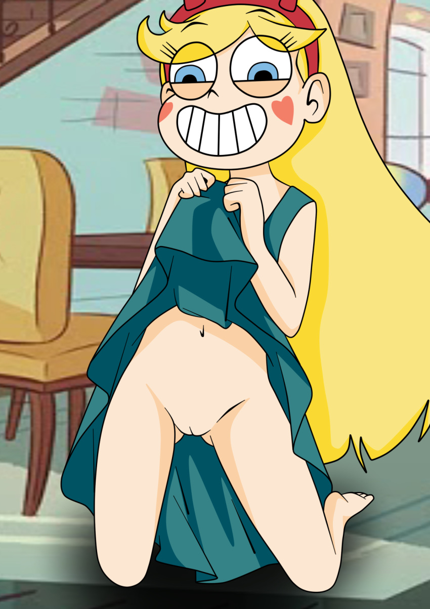 1girls barefoot bean_smile blonde_hair bottomless bottomless_female clothes_pull clothing disney dress dress_pull excited feet female female_focus female_only hairband high_resolution indoors kneeling long_hair phil_el_mago philelmago presenting presenting_vagina pussy revealing_pussy shaved_pussy skirt smile smiling_at_viewer solo solo_female star_butterfly star_vs_the_forces_of_evil teenage teenage_girl teenager teeth vagina