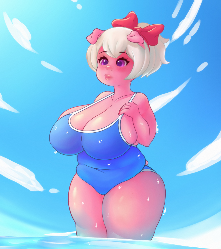 2022 big_breasts big_legs blue_background blue_swimsuit breasts chubby cleavage clouds colored_skin emelie_(cyancapsule) female female_focus female_only furry furry_female hmiokun interspecies lipstick ocean one_piece_swimsuit original original_character pig pig_ears pig_girl pink_body purple_eyes red_bow swimsuit tail thick_thighs thighs water wet white_hair