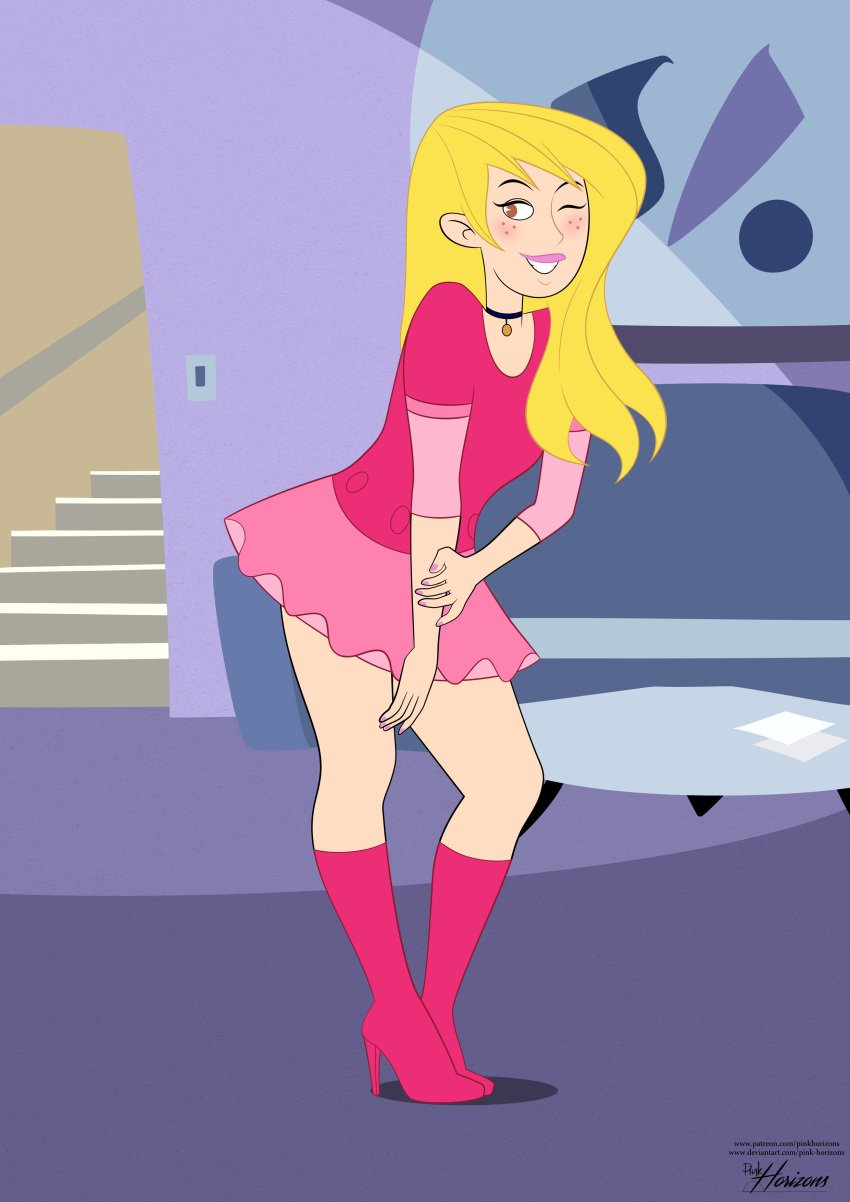 1boy blonde blonde_hair choker crossdressing disney disney_channel femboy freckles high_heel_boots high_heels kim_possible long_hair male male_only pac-man_eyes pink_horizons ron_stoppable sissy solo wink