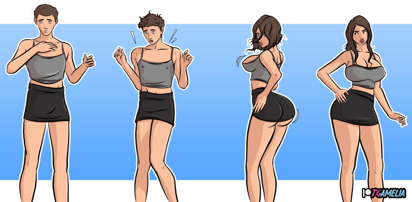 1boy 1girls artist_name artist_signature ass cleavage crop_top crossdressing gender_transformation genderswap_(mtf) hair_growth mtf_transformation nervous nipple_bulge nipples_visible_through_clothing rule_63 scared skirt tgamelia transformation watermark