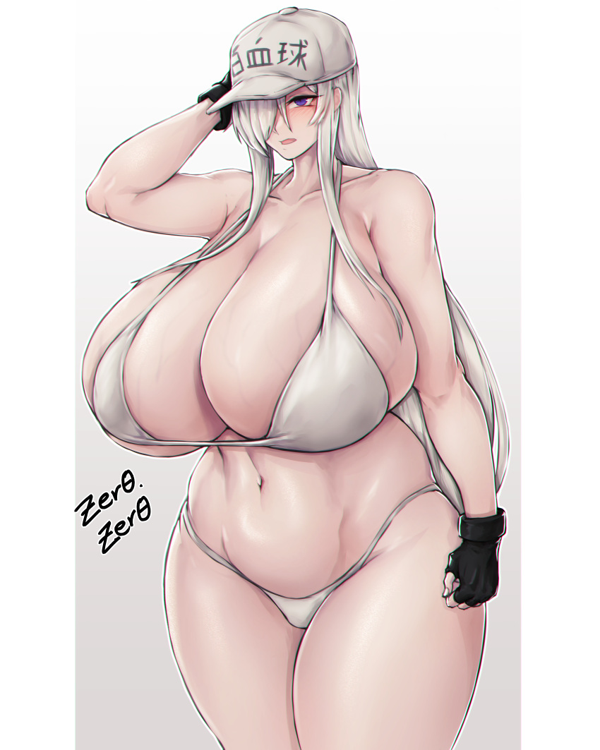 1girls absurd_res bikini blonde_female cap cells_at_work female female_only fingerless_gloves gloves hair_over_one_eye hat hataraku_saibou hataraku_saibou_black hi_res huge_breasts purple_eyes solo swimsuit thick_thighs thighs u-1196 white_hair wide_hips zer0artzer0