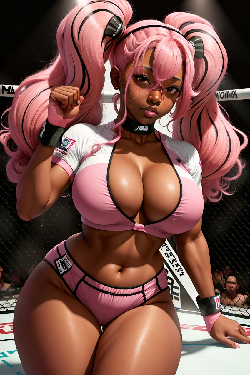 abs ai_generated big_breasts brown_eyes busty cameltoe choker cleavage curvy dark-skinned_female fit_female long_hair mma_gloves muscular nia_(dainty) original_character pink_hair sportswear stable_diffusion thighhighs tight_clothing twintails