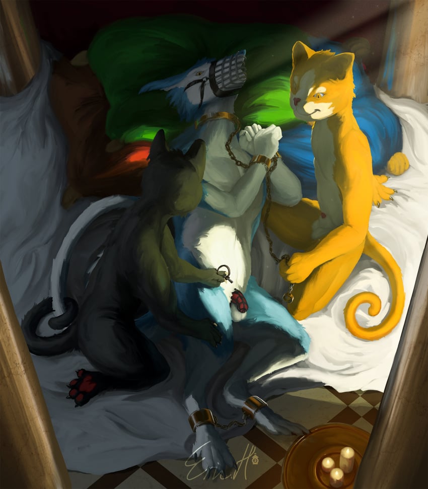 alexblue anthro bed bedroom bondage bondage bound chained chains chastity_cage chastity_device collar domestic_cat ericherilan felid feline felis fur furniture genitals group hi_res laobao male mammal muzzle_(object) muzzled nude paopao penis sergal