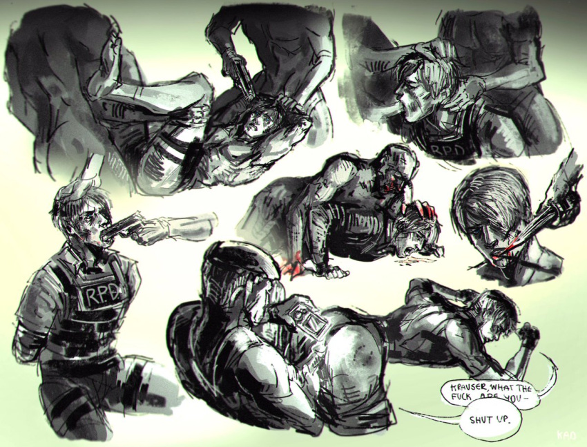 artist_request at_gunpoint blood clothed clothed_sex dialogue faceless_male fellatio gay gun gun_in_mouth gun_to_head gunpoint hand_on_another's_head jack_krauser knife leon_scott_kennedy male male/male male_only male_penetrated male_penetrating male_penetrating_male male_rape_victim malesub multiple_views oral oral_sex penetration police_uniform rape recording resident_evil resident_evil_4 submissive_male threatening uncensored weapon zombie