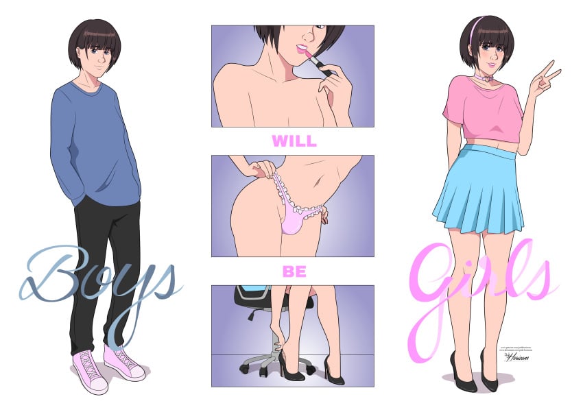 1boy crop_top crossdressing crossdressing_male english_text femboy high_heels human human_only lipstick male male_only original panties peace_sign pink_horizons skirt text