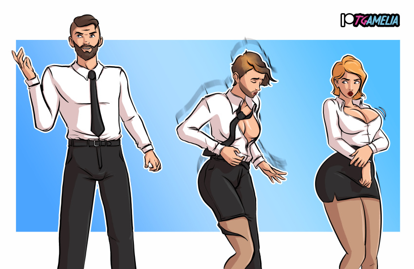 1boy 1girls cleavage clothing_transformation gender_transformation genderswap_(mtf) hair_color_change hair_growth mtf_transformation office_lady rule_63 skirt tgamelia thick_thighs thigh_expansion tie transformation