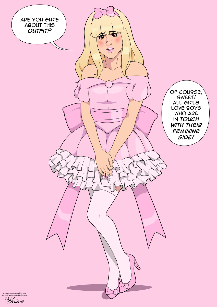 1boy blonde_hair crossdressing crossdressing_male embarrassed english english_text femboy feminine_male feminization human human_only nail_polish no_visible_genitalia pink_horizons sissy speech_bubble text thigh_highs