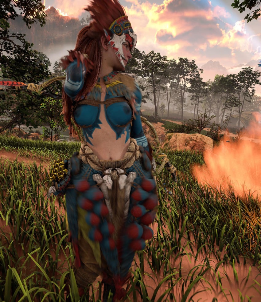 1girls 3d accurate_art_style aloy alternate_costume areolae bodypaint breasts breasts_out canon clipping female female_only glitch horizon_forbidden_west horizon_zero_dawn in-game medium_breasts midriff nipples official_art official_style orange_hair outdoors outside painted_breasts red_hair redhead small_breasts solo teenager topless topless_female