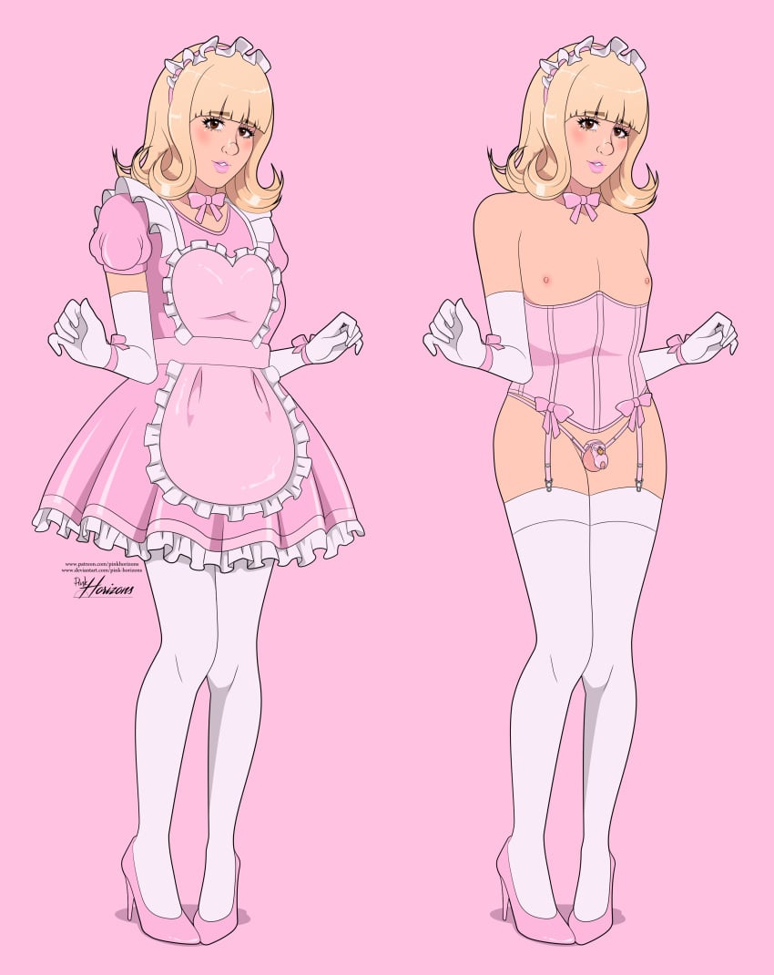 1boy absurd_res blonde_hair chastity chastity_cage corset crossdressing crossdressing_male elbow_gloves femboy feminization flat_chest high_heels maid maid_headdress maid_outfit maid_uniform pink_horizons pink_shoes sissy small_penis thighhighs