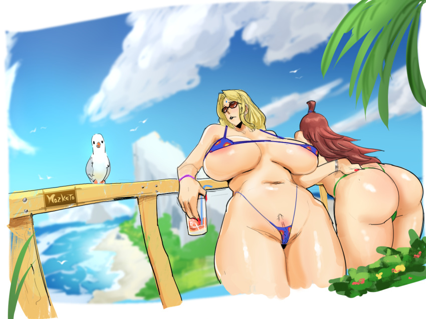 big_ass big_breasts big_butt bikini blonde_hair brown-tinted_eyewear brown_hair clitoris clitoris_slip cropped_legs drink glass holding_object huge_ass huge_breasts huge_butt mature mature_female mature_woman mei_terumi milf mozketo multiple_girls naruto naruto_(series) naruto_shippuden outdoors palm_tree pigeon pussy pussy_peek railing revealing_swimsuit skimpy skimpy_bikini small_bikini summer sunglasses swimsuit tinted_eyewear tsunade voluptuous