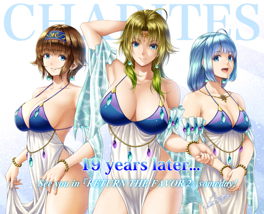 3girls big_breasts blonde_hair blue_eyes blue_hair bracelets brown_hair cleavage detached_sleeves dress earrings female female_only goddess gold_(metal) gradient_hair greek_mythology hairband jewelry lioreo long_hair looking_at_viewer necklace no_bra open_mouth original pelvic_curtain revealing_clothes short_hair siblings side_slit sisters smile thick_thighs wide_hips